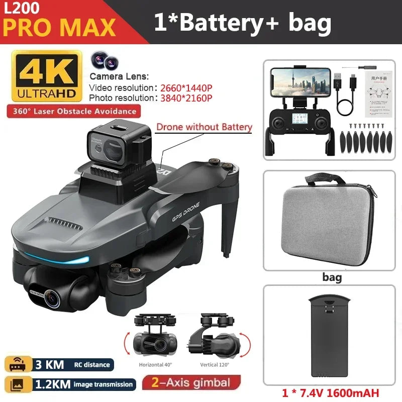 L200 PRO MAX Drone 4K 2-Axis PTZ HD Dual Camera 360° Laser Obstacle Avoidance Brushless Motor GPS 5G WIFI RC FPV Quadcopter Toys