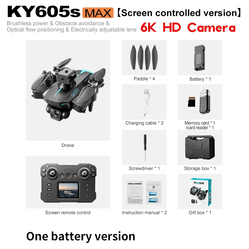 KY605S RC Drone With Screen 8K Professinal Three Camera Aerial Brushless Light Flow Intelligent Obstacle Avoidance RC Quadcopter