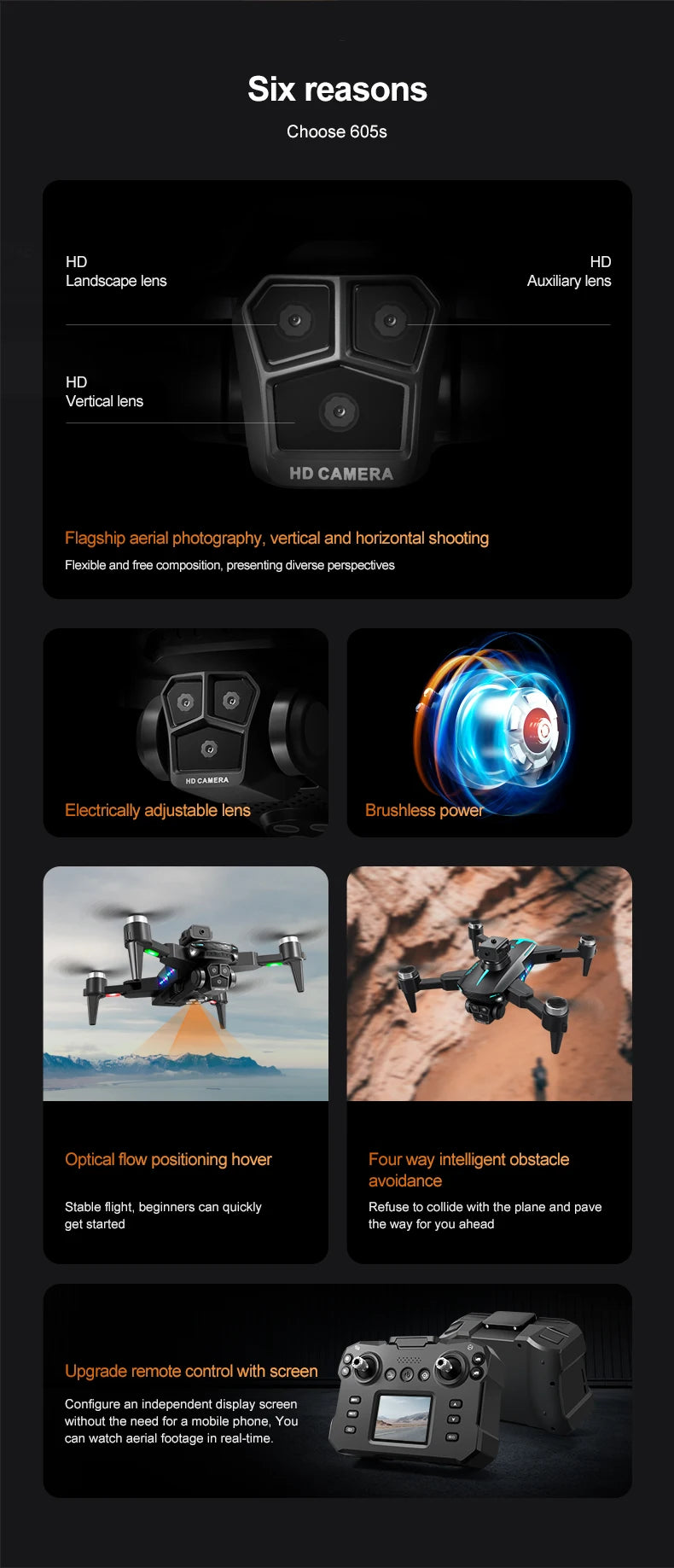 KY605S RC Drone With Screen 8K Professinal Three Camera Aerial Brushless Light Flow Intelligent Obstacle Avoidance RC Quadcopter