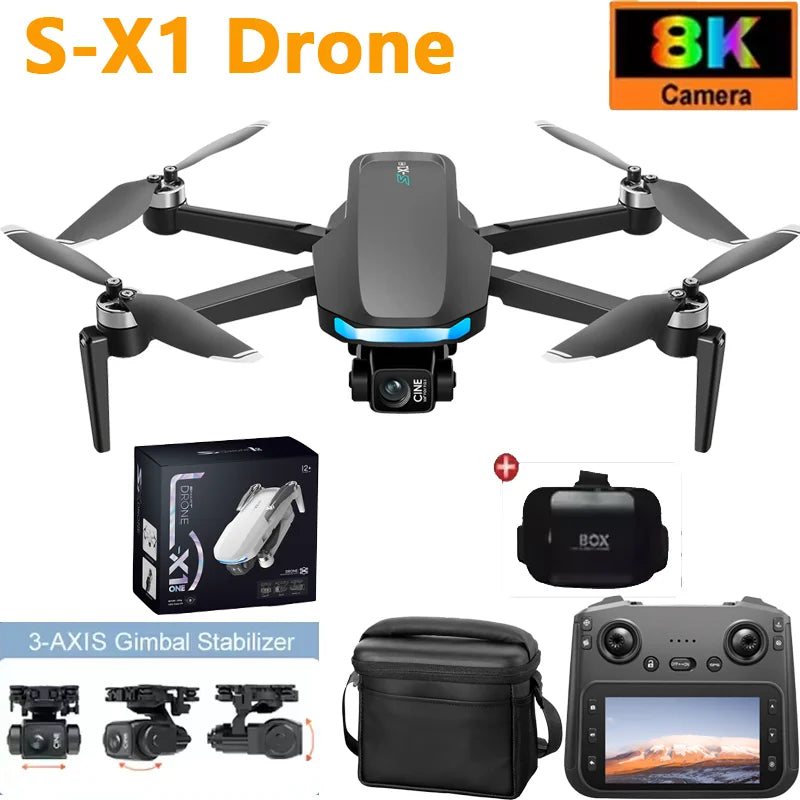 S-X1 New 5G GPS 8K HD EIS Cameras Drone with Screens 3-Axis Anti-shake Gimbal 8K Aerial Brushless Drones RC Quadcopters Mini UAV