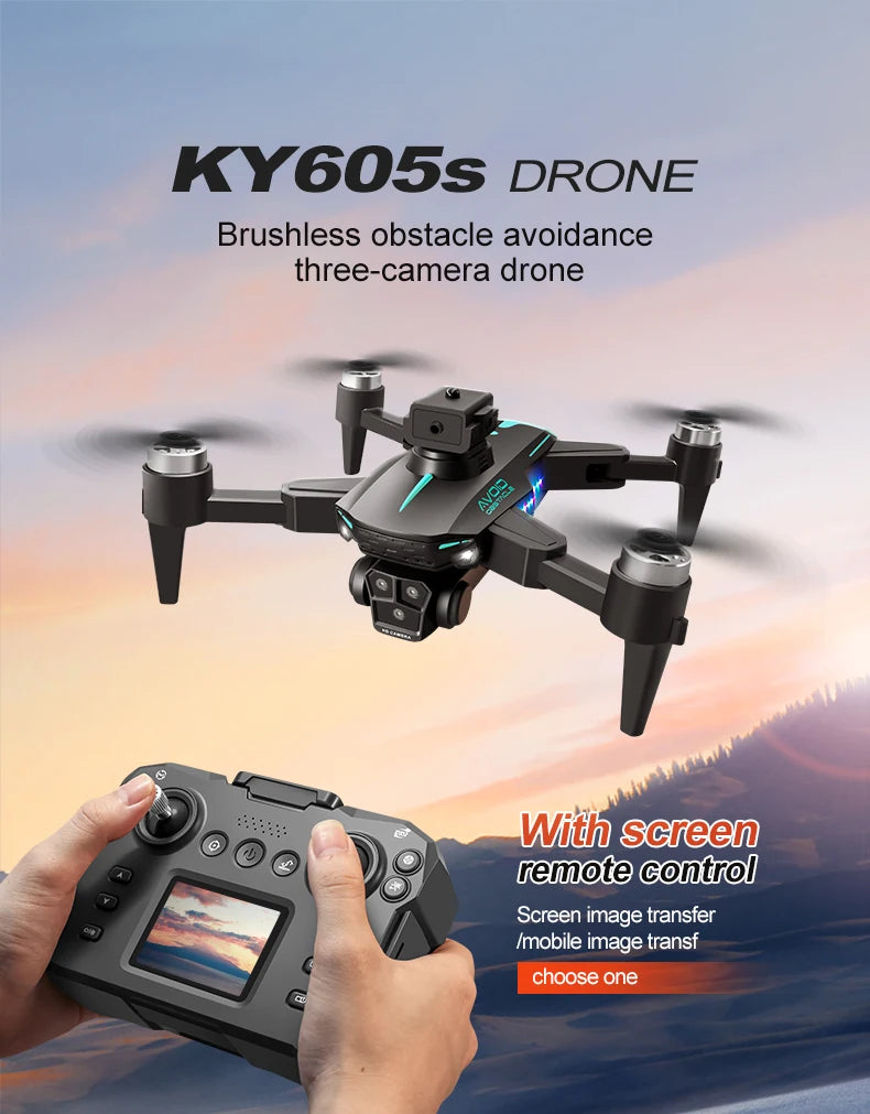 KY605S RC Drone With Screen 8K Professinal Three Camera Aerial Brushless Light Flow Intelligent Obstacle Avoidance RC Quadcopter