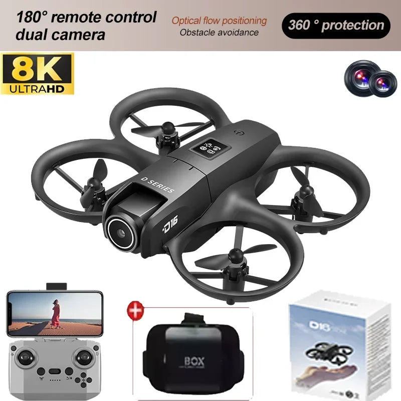 NEW D16 RC Drone Mini Optical Flow Obstacle Avoidance 180 ° Electrically Adjustable 8K Dual Camera Remote-controlled Quadcopters