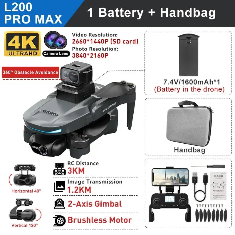 L200 PRO MAX Drone GPS Brushless Motor 4K HD Profesional FPV Quadcopter 2-Axis Gimbal 360° Obstacle Avoidance RC Drone L200 PRO