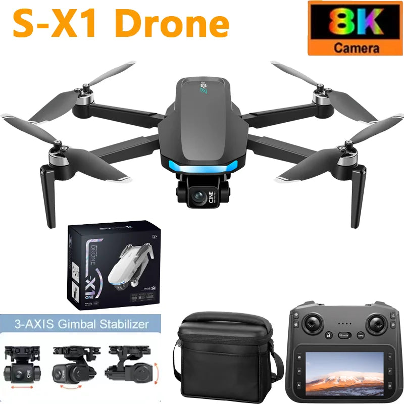 S-X1 New 5G GPS 8K HD EIS Cameras Drone with Screens 3-Axis Anti-shake Gimbal 8K Aerial Brushless Drones RC Quadcopters Mini UAV