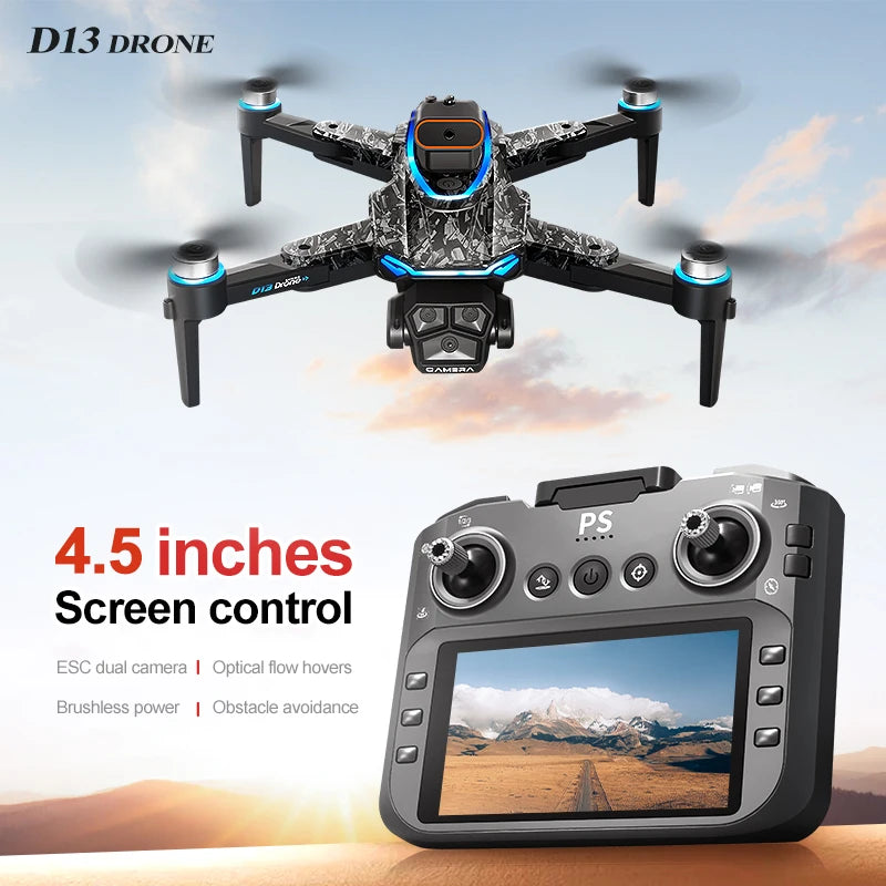 New D13 RC Drone 4K Professional HD Triple Camera 5G WIFI FPV Dron 360° Obstacle Avoidance Brushless Large Screen Quadcopter Toy