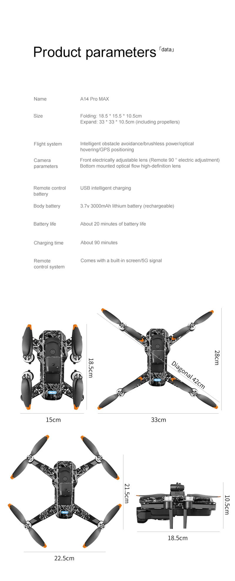 Xiaomi A14 Pro Max Drone Aerial 8K HD Dual-Camera 5G WIFI GPS Brushless Motor Optical Flow Obstacle Avoidance RC Drone 10000M