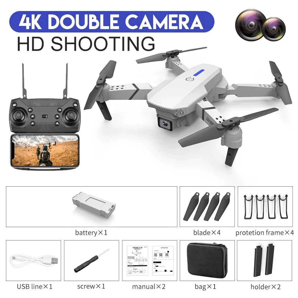 2025 New E88 Pro WiFi FPV Drone - 1080P/4K Single/Dual Camera, Wide-Angle HD, Altitude Hold, Foldable Quadcopter, RC Helicopter
