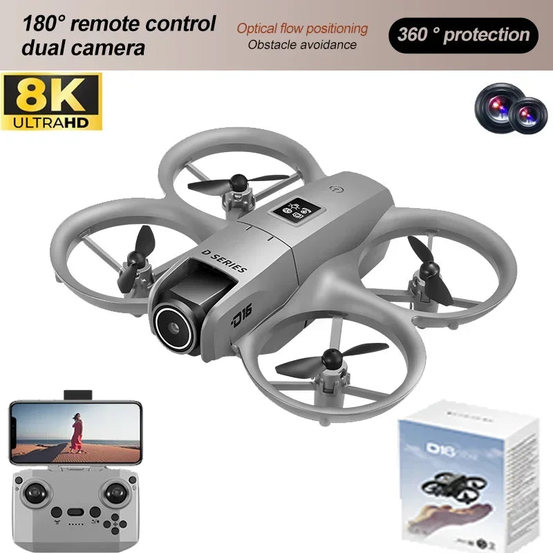 NEW D16 RC Drone Mini Optical Flow Obstacle Avoidance 180 ° Electrically Adjustable 8K Dual Camera Remote-controlled Quadcopters