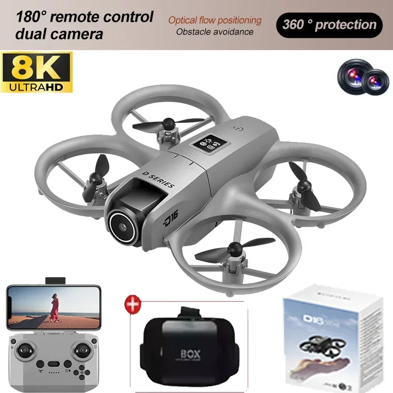 NEW D16 RC Drone Mini Optical Flow Obstacle Avoidance 180 ° Electrically Adjustable 8K Dual Camera Remote-controlled Quadcopters