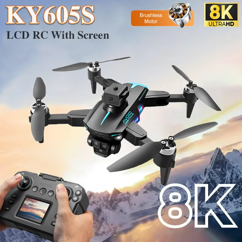 KY605S RC Drone With Screen 8K Professinal Three Camera Aerial Brushless Light Flow Intelligent Obstacle Avoidance RC Quadcopter
