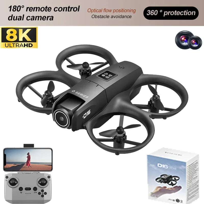 NEW D16 RC Drone Mini Optical Flow Obstacle Avoidance 180 ° Electrically Adjustable 8K Dual Camera Remote-controlled Quadcopters