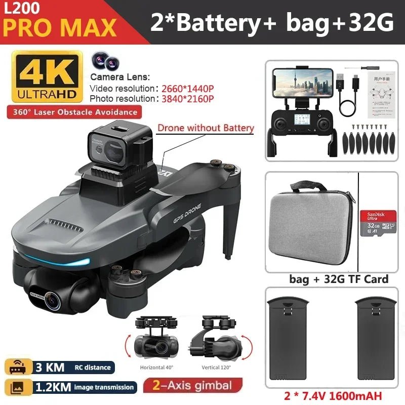 L200 PRO MAX Drone 4K 2 - Axis PTZ HD Dual Camera 360° Laser Obstacle Avoidance Brushless Motor GPS 5G WIFI RC FPV Quadcopter ToysCloudrixCloudrix14:100016350PRO MAX 4K 2B 32G;200007763:20133610034534396PRO MAX 4K 2B 32GL200 PRO MAX Drone 4K 2 - Axis PTZ HD Dual Camera 360° Laser Obstacle Avoidance Brushless Motor GPS 5G WIFI RC FPV Quadcopter ToysCHINA