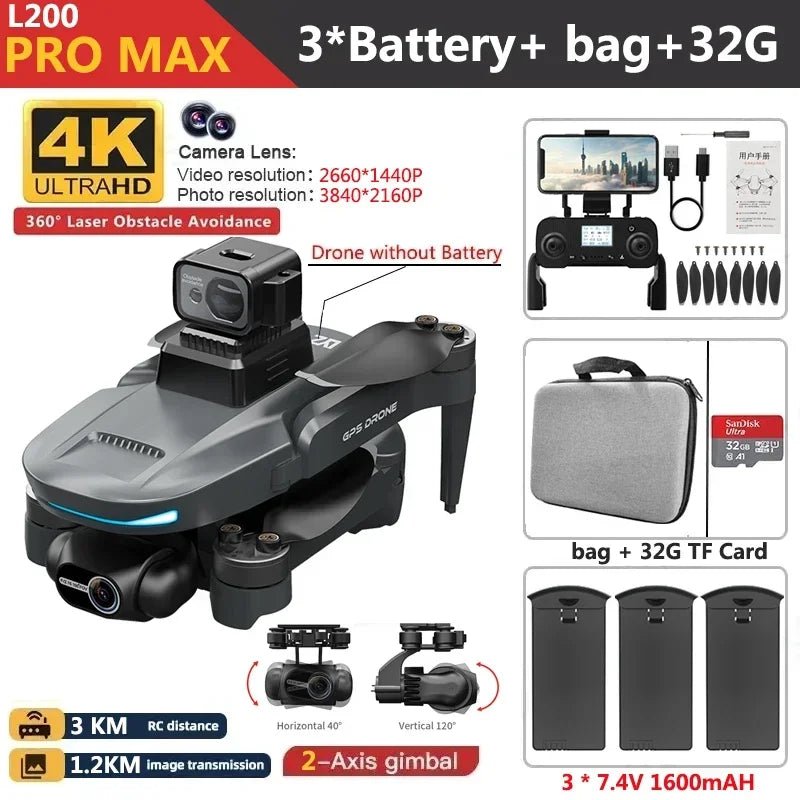 L200 PRO MAX Drone 4K 2 - Axis PTZ HD Dual Camera 360° Laser Obstacle Avoidance Brushless Motor GPS 5G WIFI RC FPV Quadcopter ToysCloudrixCloudrix14:350852PRO MAX 4K 3B 32G;200007763:20133610034436092PRO MAX 4K 3B 32GL200 PRO MAX Drone 4K 2 - Axis PTZ HD Dual Camera 360° Laser Obstacle Avoidance Brushless Motor GPS 5G WIFI RC FPV Quadcopter ToysCHINA